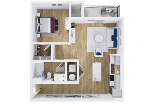 A top-down view of a small apartment with a bedroom, living room, and kitchen.